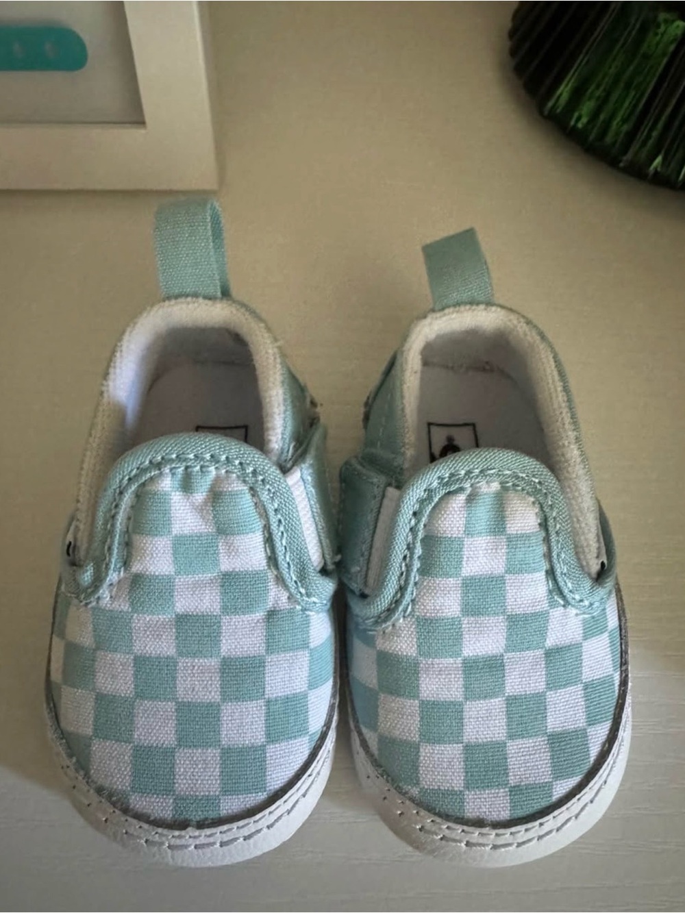 Vans Baby Checkerboard Slip-On Shoes in Mint and White